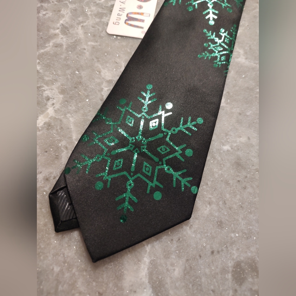 Men's Holiday Tie Black and Green Snowflake Barry Wang